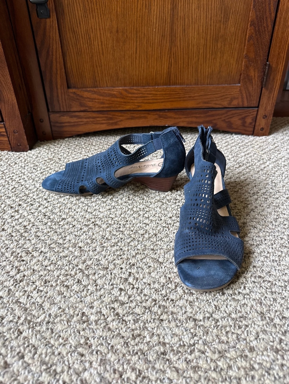 BellaVita Navy Perforated Low Heel Sandal w/ Back Zip
